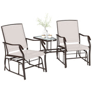 Double Patio Glider Chair with Glass Table - Beige Mesh-DECOROLALA
