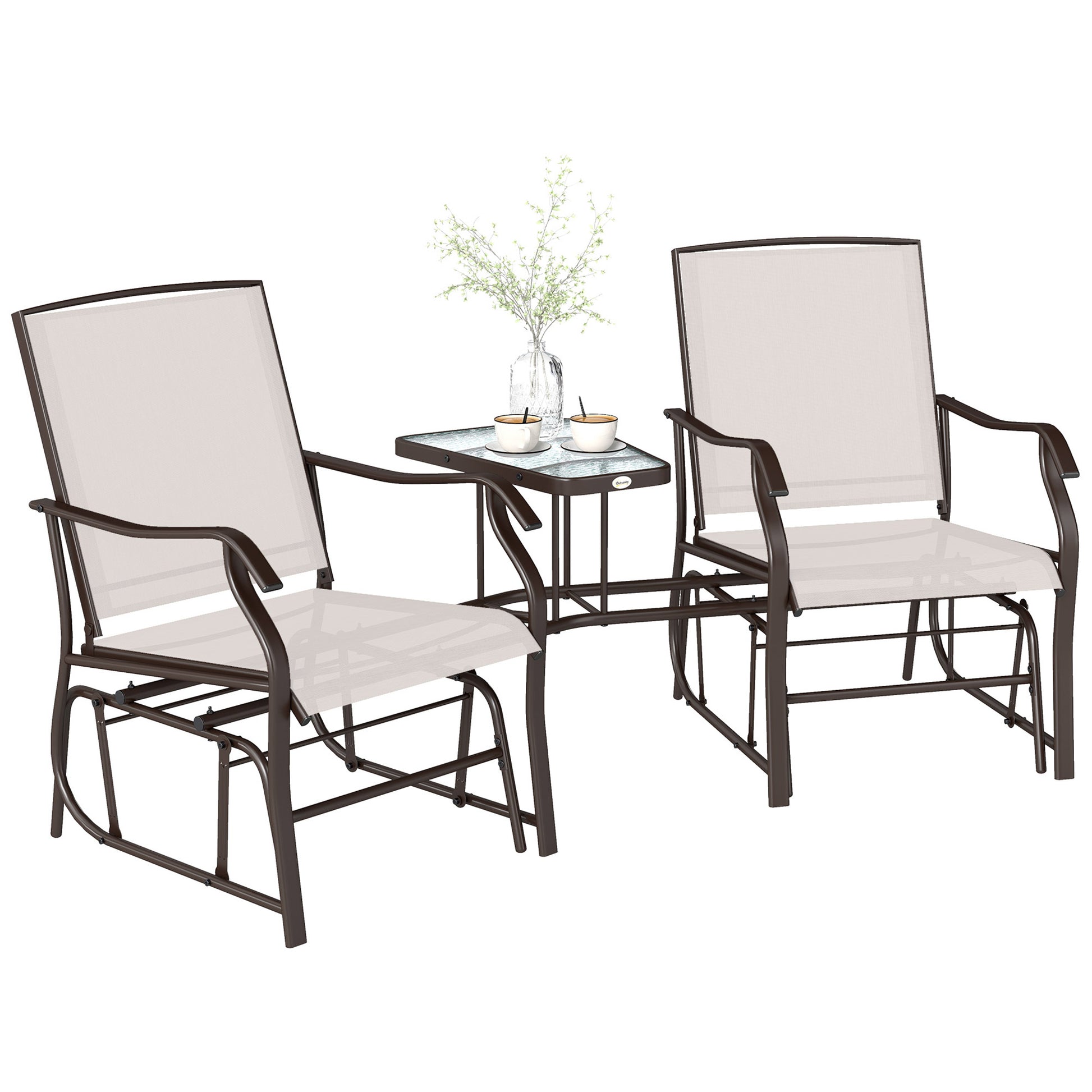 Double Patio Glider Chair with Glass Table - Beige Mesh-DECOROLALA