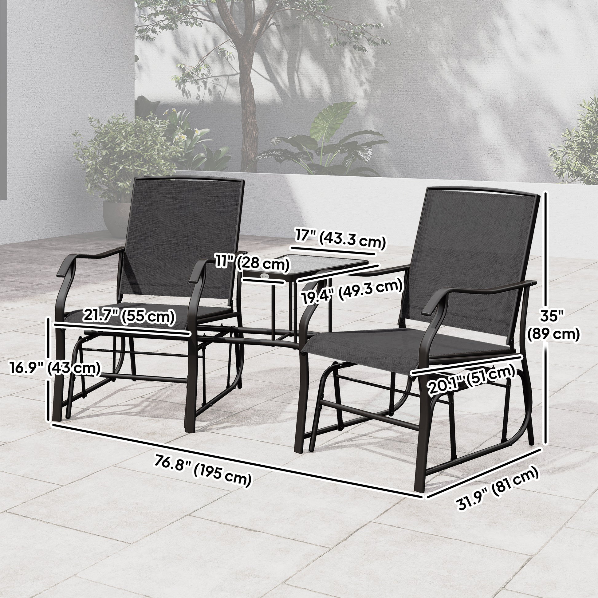 Double Patio Glider Loveseat with Glass Table - Black-DECOROLALA