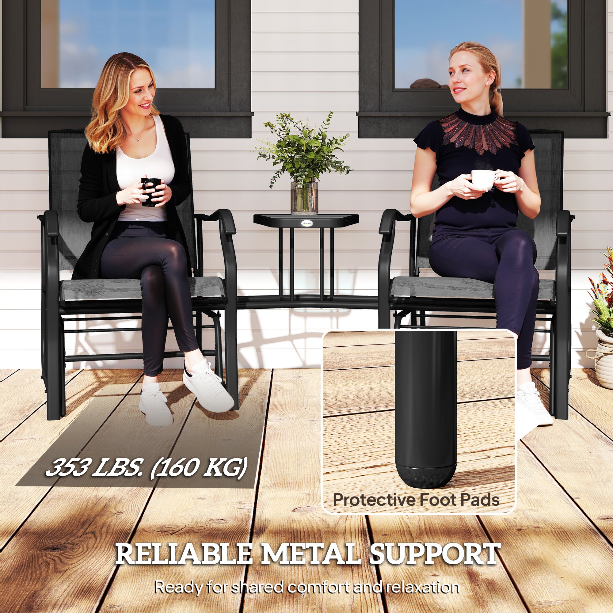 Double Patio Glider Loveseat with Glass Table - Black-DECOROLALA