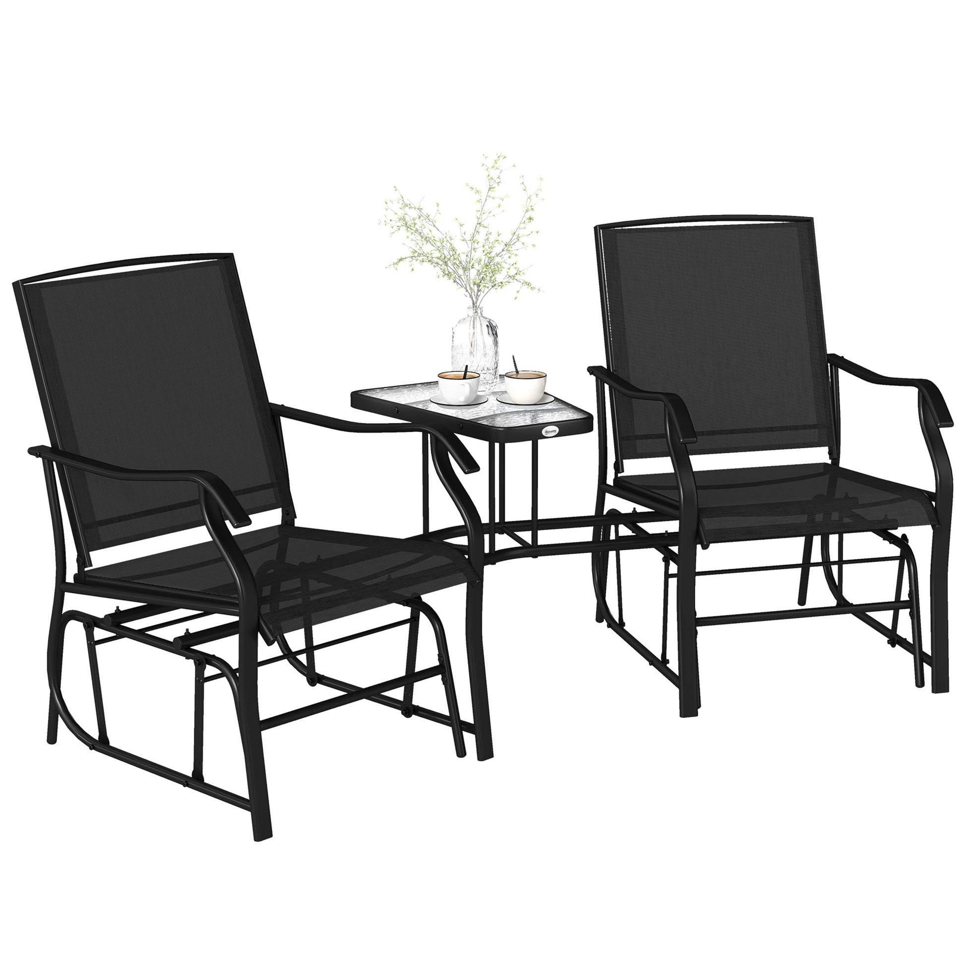 Double Patio Glider Loveseat with Glass Table - Black-DECOROLALA