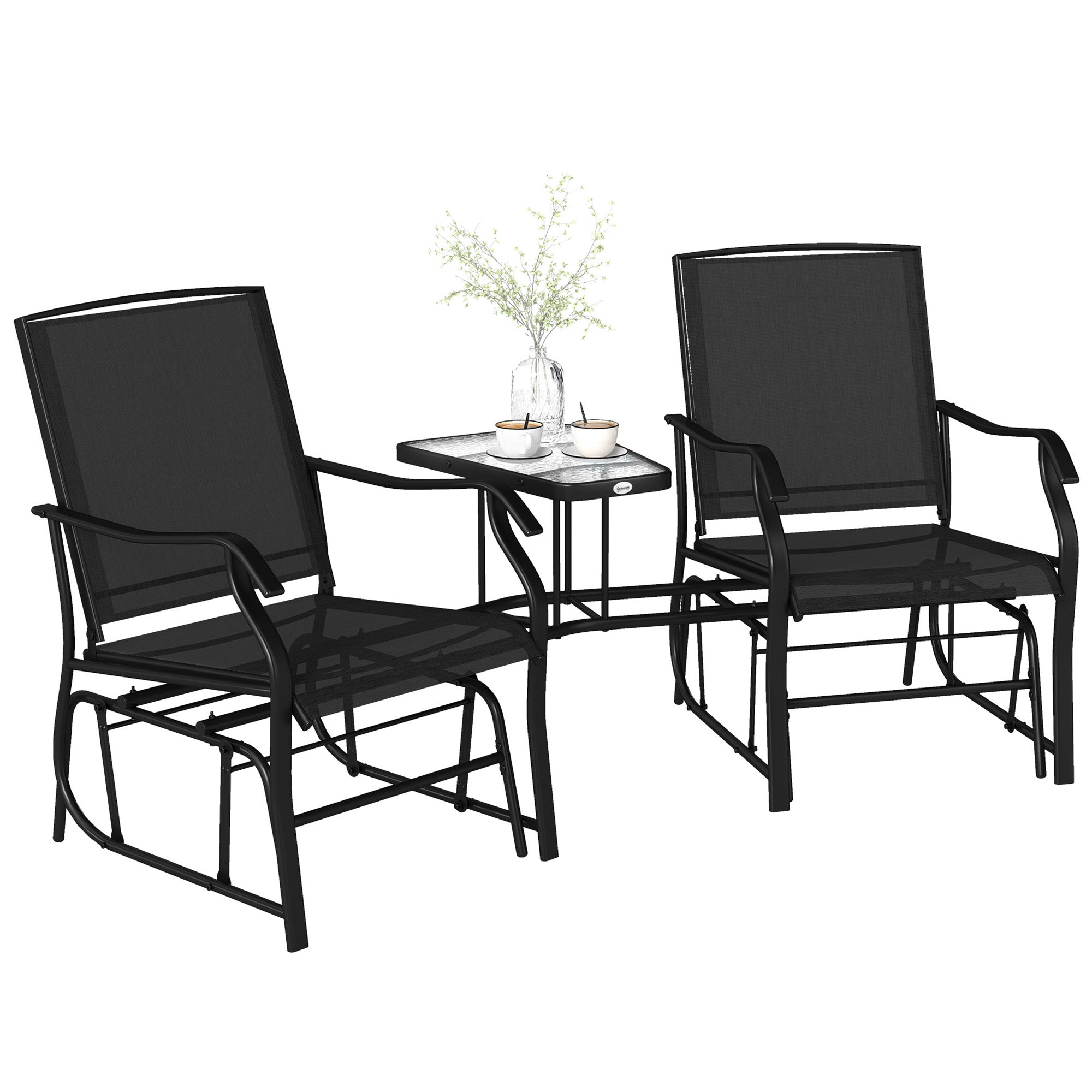 Double Patio Glider Loveseat with Glass Table - Black-DECOROLALA