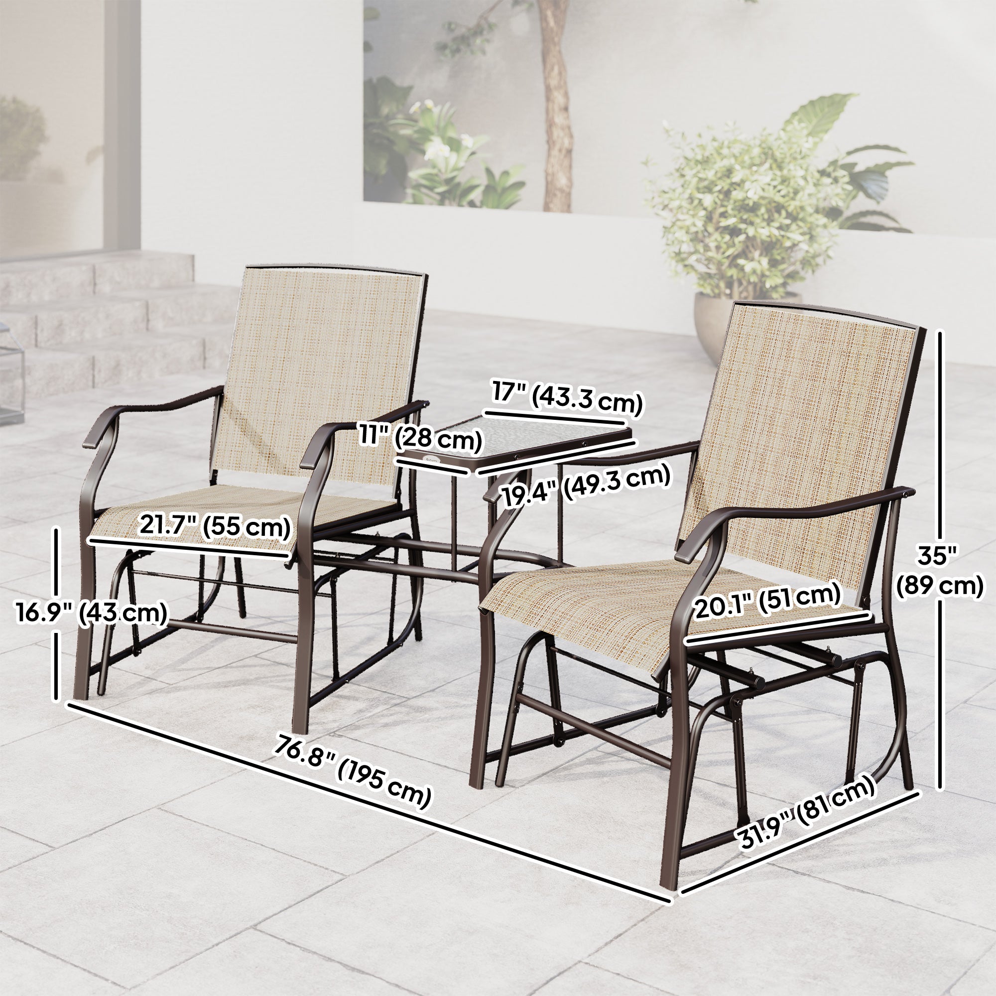 Double Patio Glider Loveseat with Glass Top, Outdoor, Light Brown, Breathable Mesh Fabric-DECOROLALA