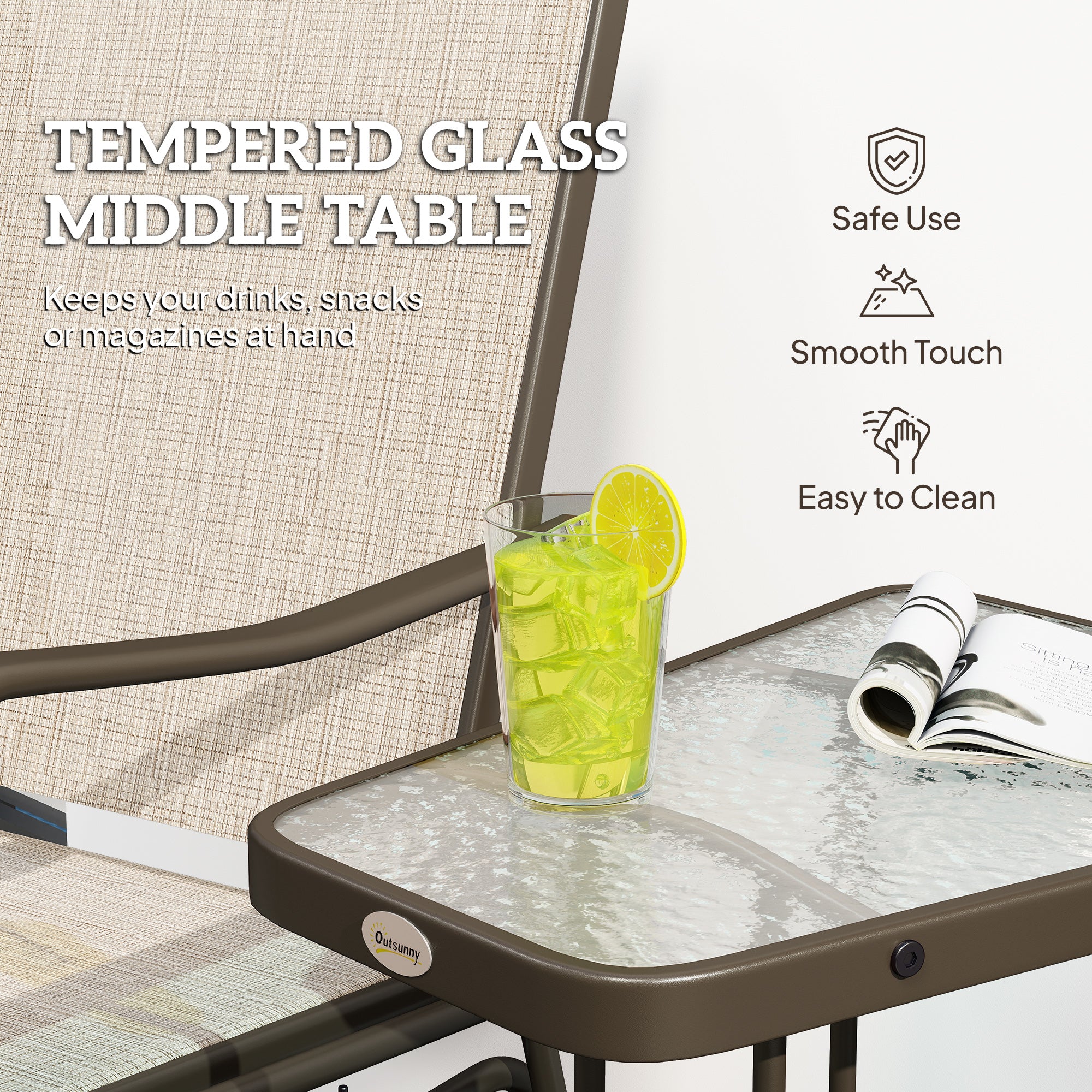 Double Patio Glider Loveseat with Glass Top, Outdoor, Light Brown, Breathable Mesh Fabric-DECOROLALA