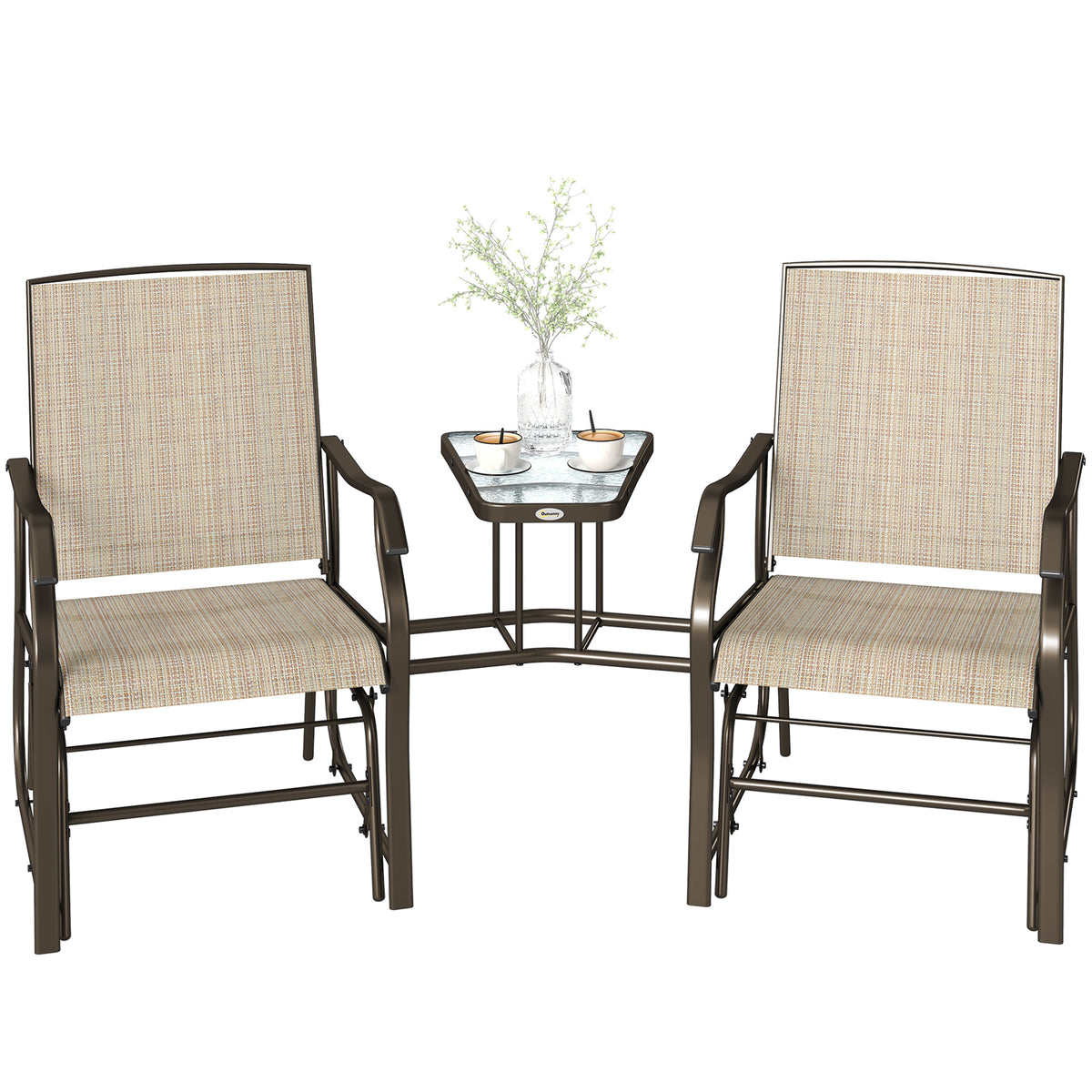 Double Patio Glider Loveseat with Glass Top, Outdoor, Light Brown, Breathable Mesh Fabric-Outdoor Rocking Chairs & Gliders-DECOROLALA