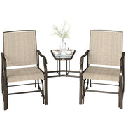Double Patio Glider Loveseat with Glass Top, Outdoor, Light Brown, Breathable Mesh Fabric-DECOROLALA