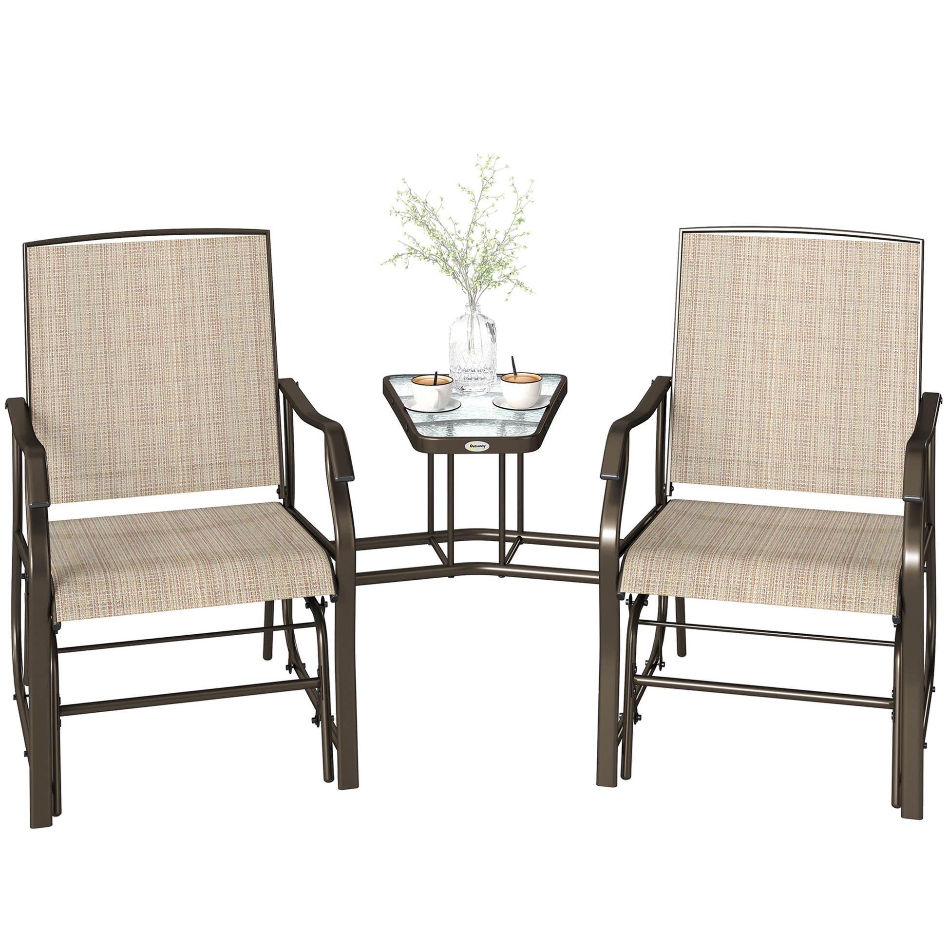 Double Patio Glider Loveseat with Glass Top, Outdoor, Light Brown, Breathable Mesh Fabric-DECOROLALA