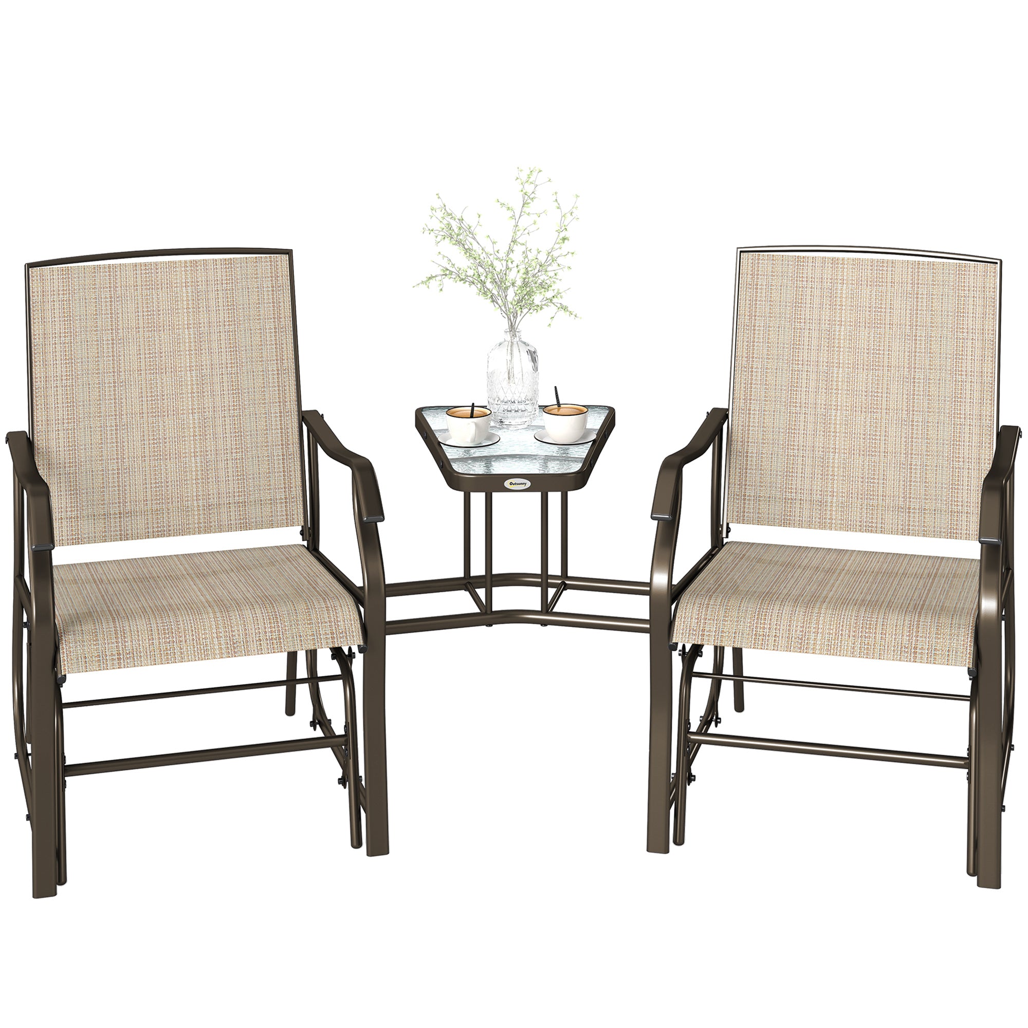 Double Patio Glider Loveseat with Glass Top, Outdoor, Light Brown, Breathable Mesh Fabric-DECOROLALA