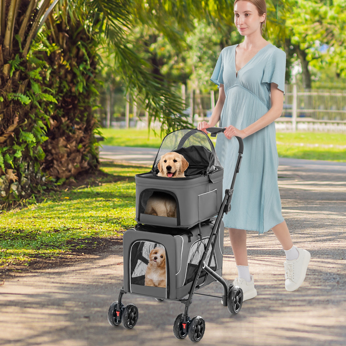Double Pet Stroller Foldable 3-in-1 Dog Stroller with 2 Detachable Carriers-Gray-Dog Supplies-DECOROLALA