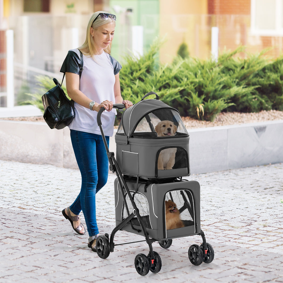 Double Pet Stroller Foldable 3-in-1 Dog Stroller with 2 Detachable Carriers-Gray-Dog Supplies-DECOROLALA
