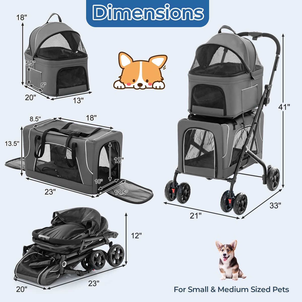 Double Pet Stroller Foldable 3-in-1 Dog Stroller with 2 Detachable Carriers-Gray-Dog Supplies-DECOROLALA