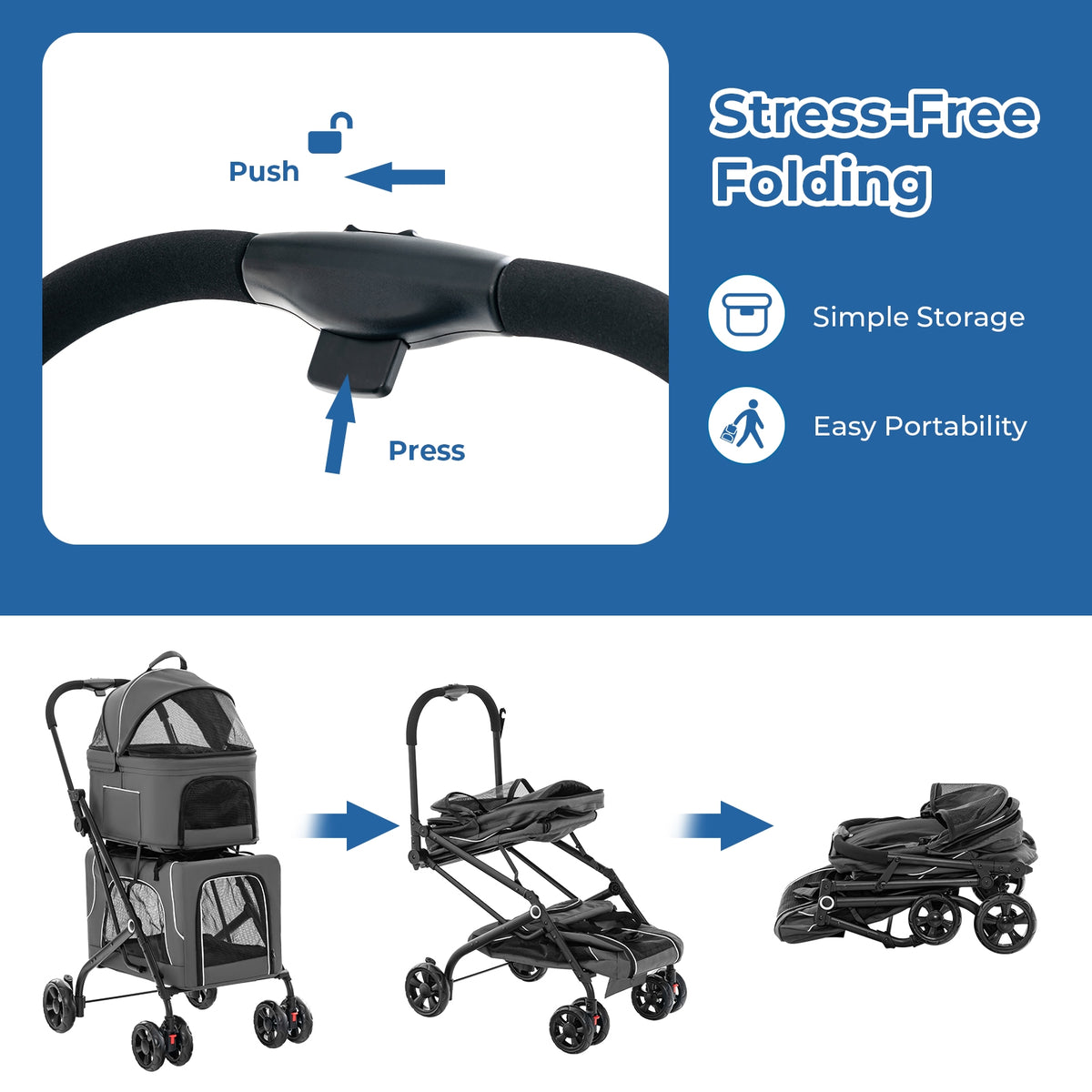 Double Pet Stroller Foldable 3-in-1 Dog Stroller with 2 Detachable Carriers-Gray-Dog Supplies-DECOROLALA