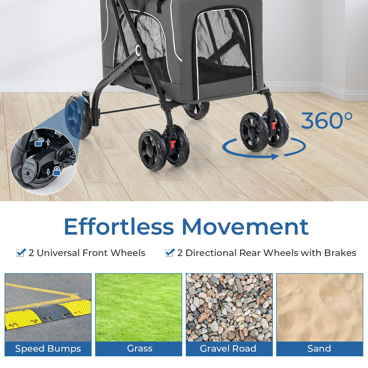 Double Pet Stroller Foldable 3-in-1 Dog Stroller with 2 Detachable Carriers-Gray-Dog Supplies-DECOROLALA
