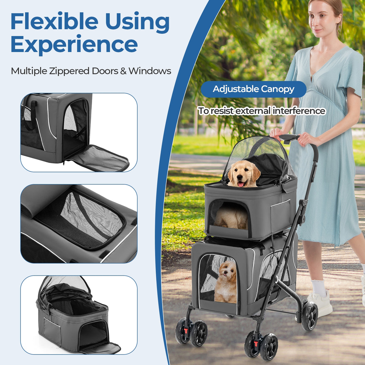 Double Pet Stroller Foldable 3-in-1 Dog Stroller with 2 Detachable Carriers-Gray-Dog Supplies-DECOROLALA