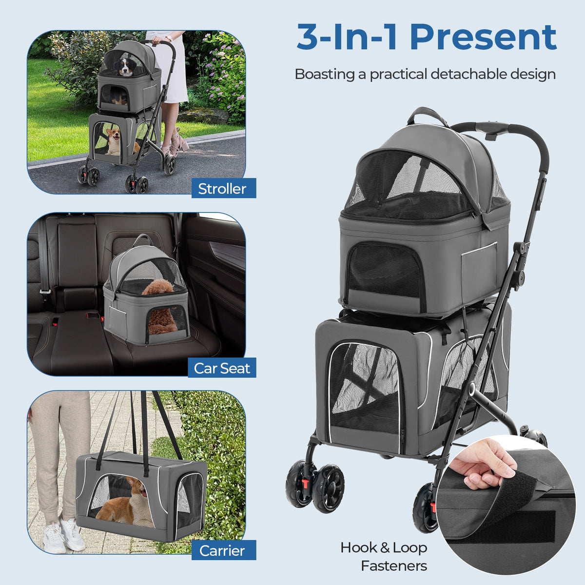 Double Pet Stroller Foldable 3-in-1 Dog Stroller with 2 Detachable Carriers-Gray-Dog Supplies-DECOROLALA