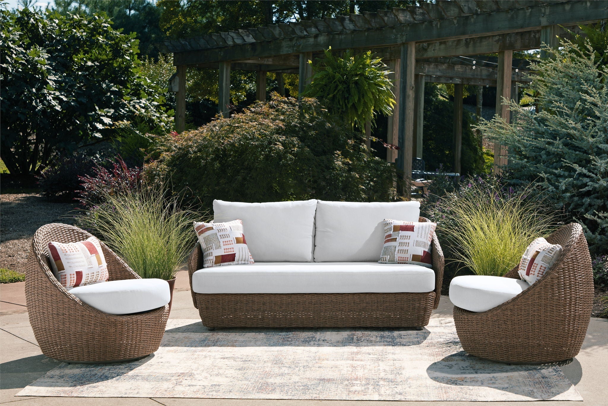 Double Point - Loveseat, Swivel Chairs Set (Set of 3) - Beige-3 Piece Outdoor Sets-DECOROLALA