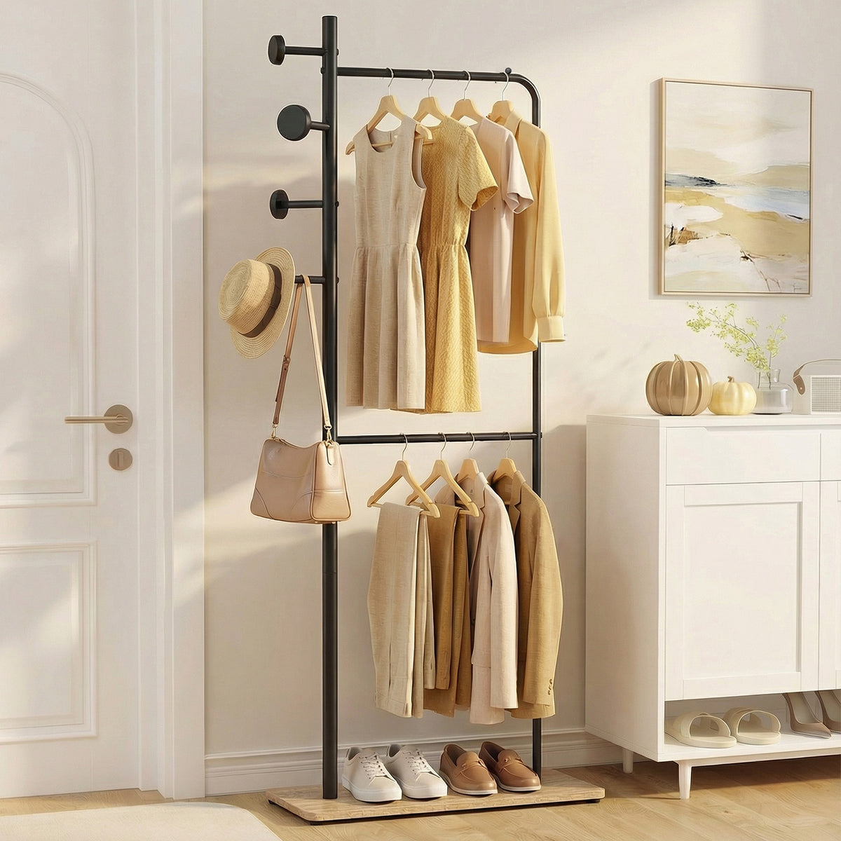 Double Rods Clothes Hanging Rack with Rubber Wood Hooks-Coat Racks & Hall Trees-DECOROLALA