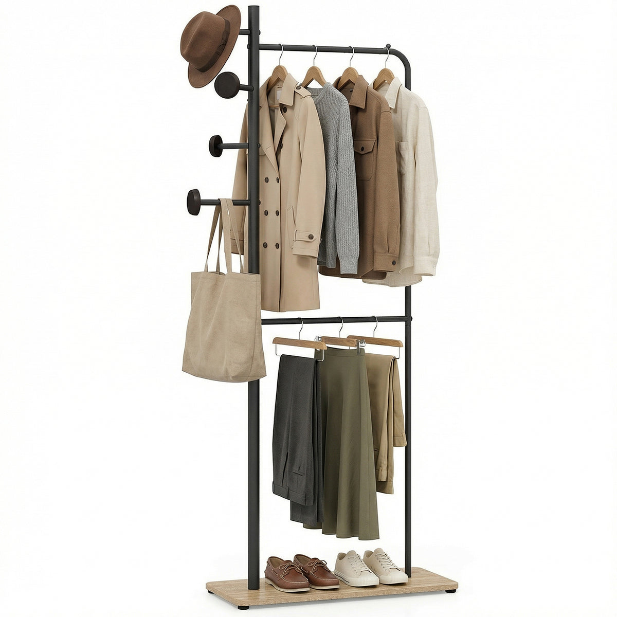 Double Rods Clothes Hanging Rack with Rubber Wood Hooks-Coat Racks & Hall Trees-DECOROLALA