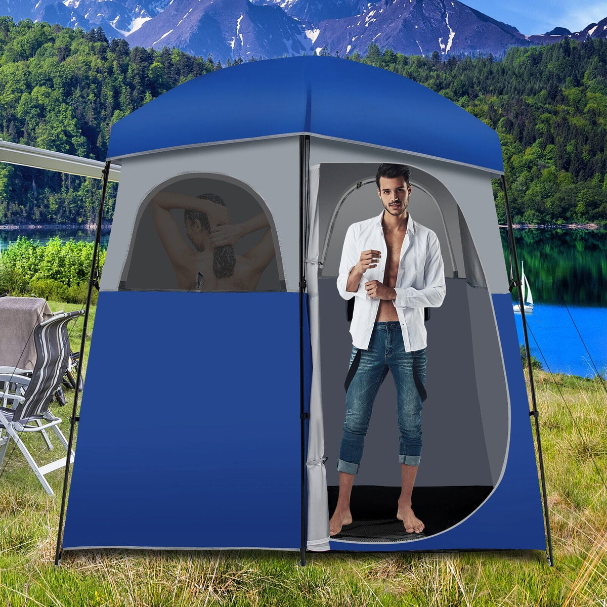 Double-Room Camping Toilet Tent with Floor and Portable Storage Bag-Blue-Tents-DECOROLALA