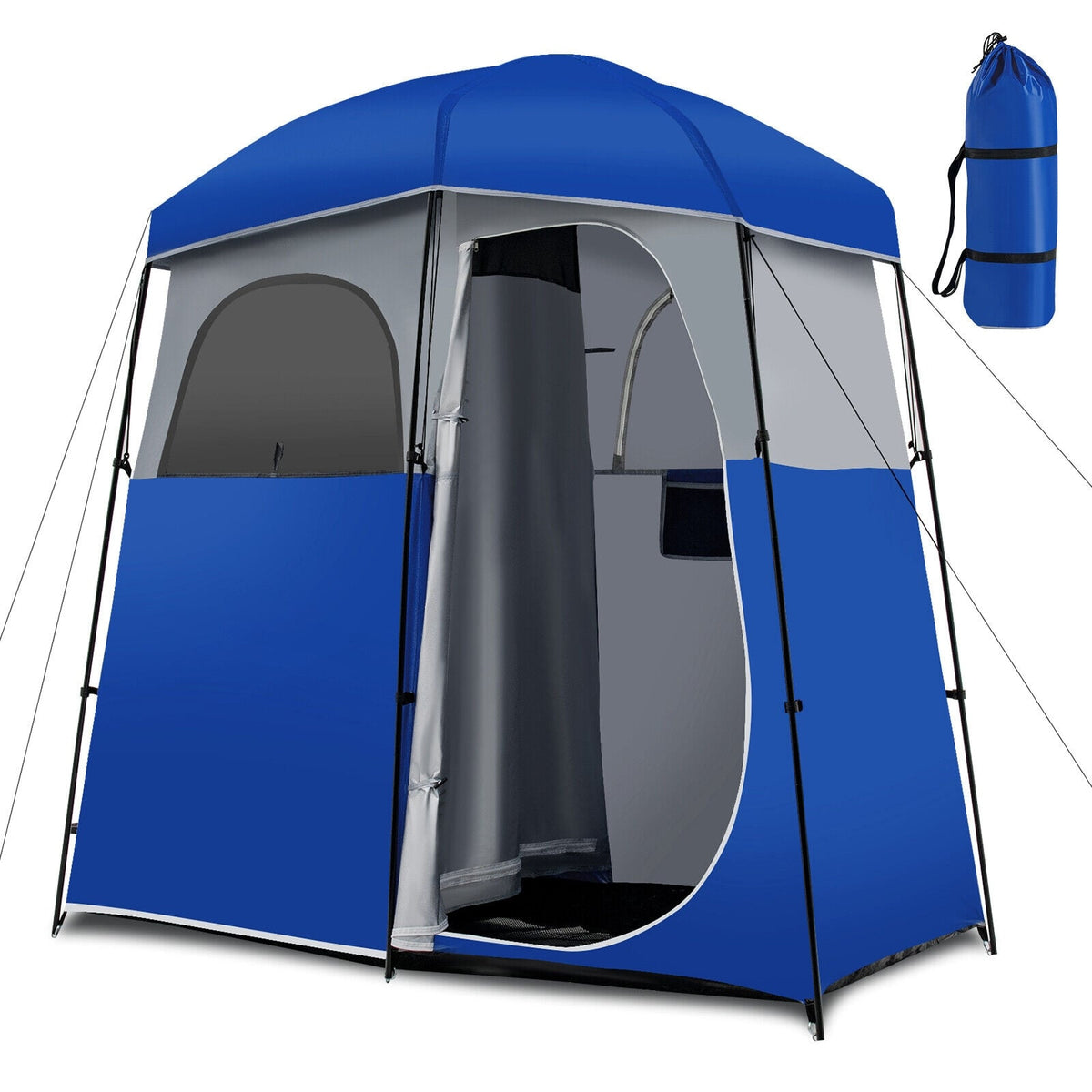 Double-Room Camping Toilet Tent with Floor and Portable Storage Bag-Blue-Tents-DECOROLALA
