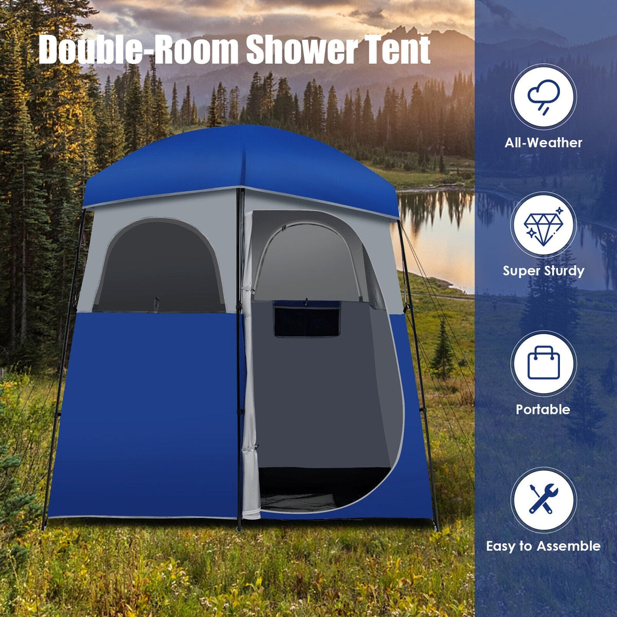 Double-Room Camping Toilet Tent with Floor and Portable Storage Bag-Blue-Tents-DECOROLALA