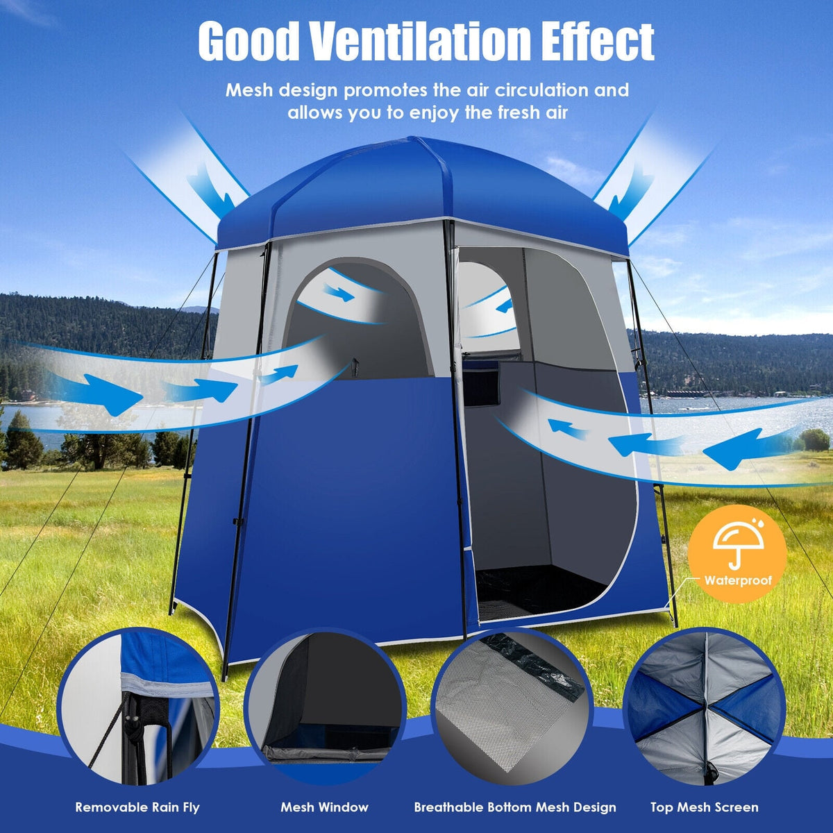 Double-Room Camping Toilet Tent with Floor and Portable Storage Bag-Blue-Tents-DECOROLALA