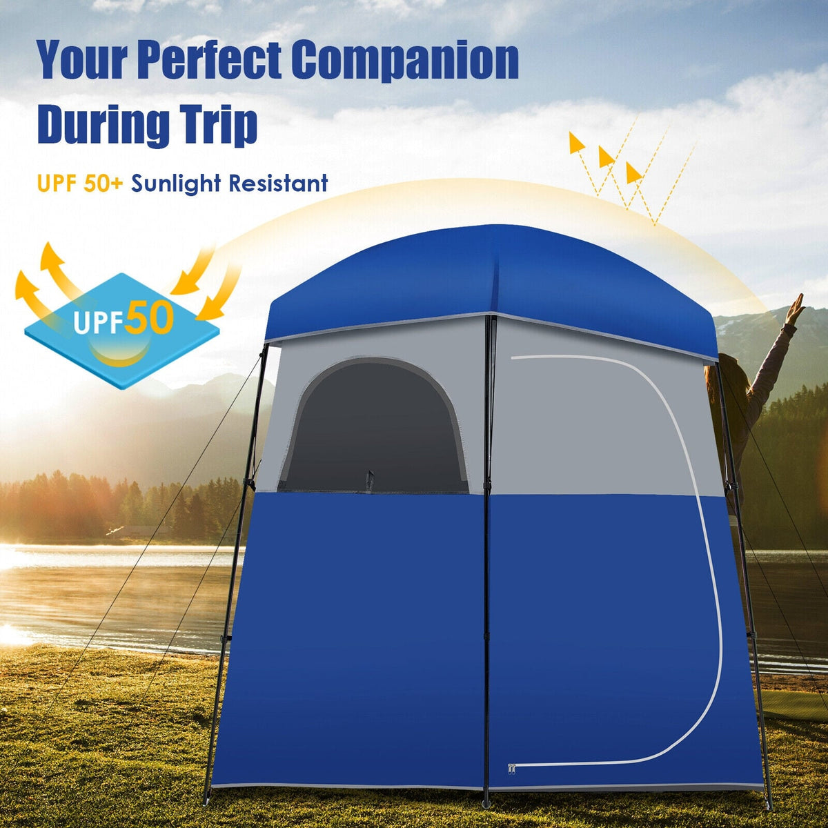 Double-Room Camping Toilet Tent with Floor and Portable Storage Bag-Blue-Tents-DECOROLALA