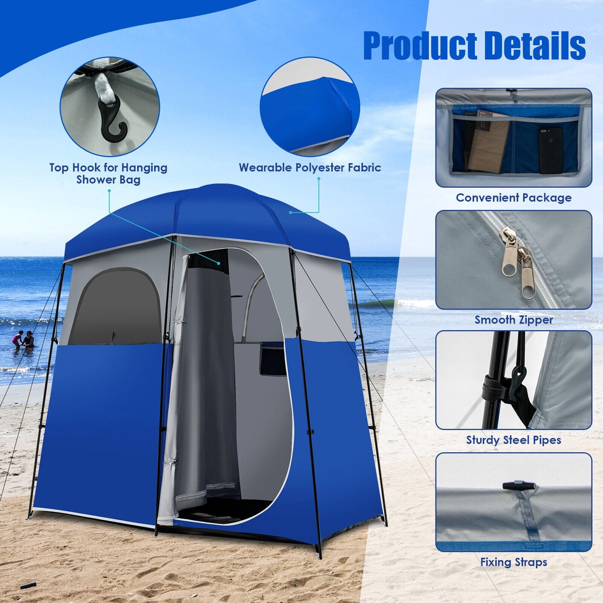 Double-Room Camping Toilet Tent with Floor and Portable Storage Bag-Blue-Tents-DECOROLALA