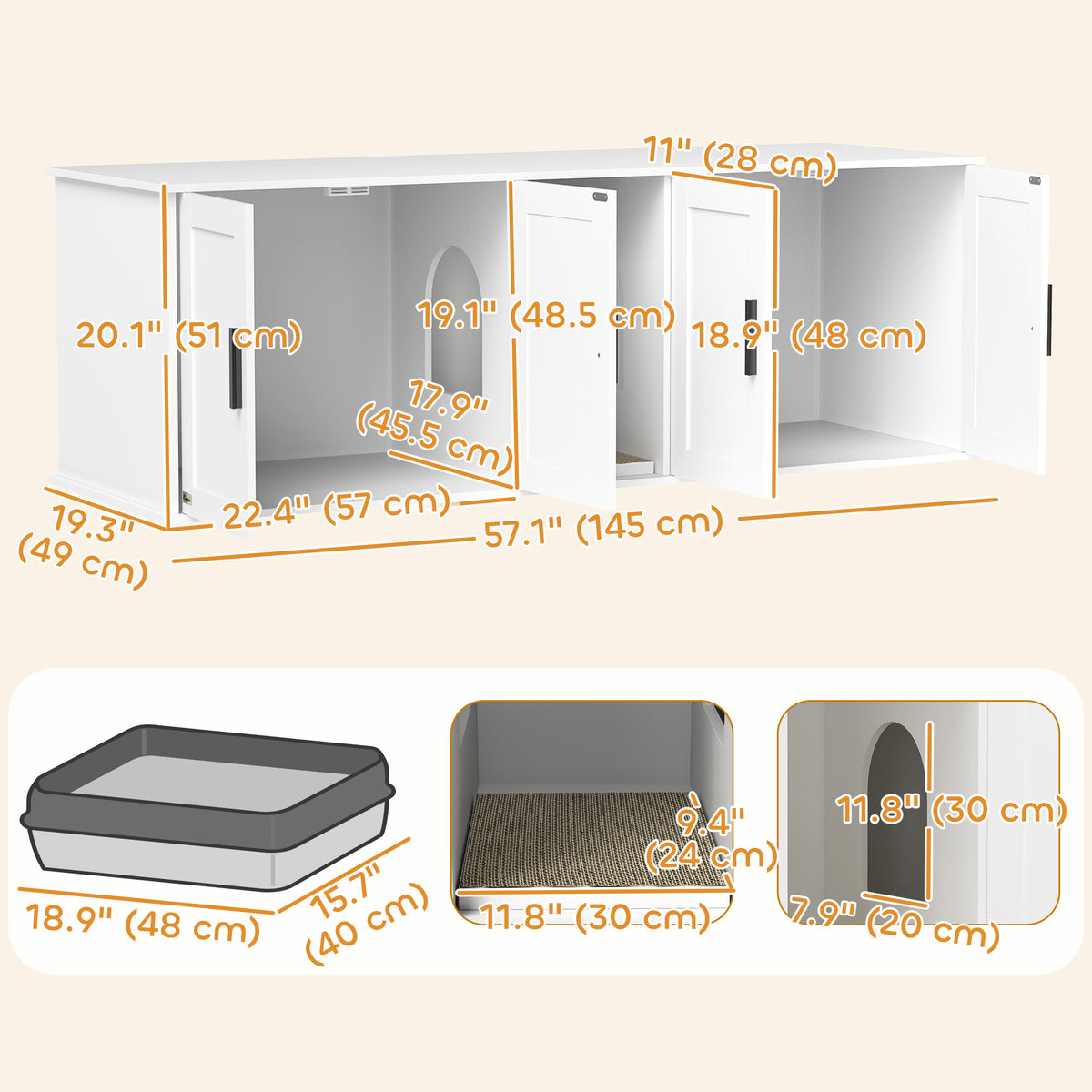 Double Room Cat Litter Box Enclosure TV Stand - White 57"-Cats-DECOROLALA