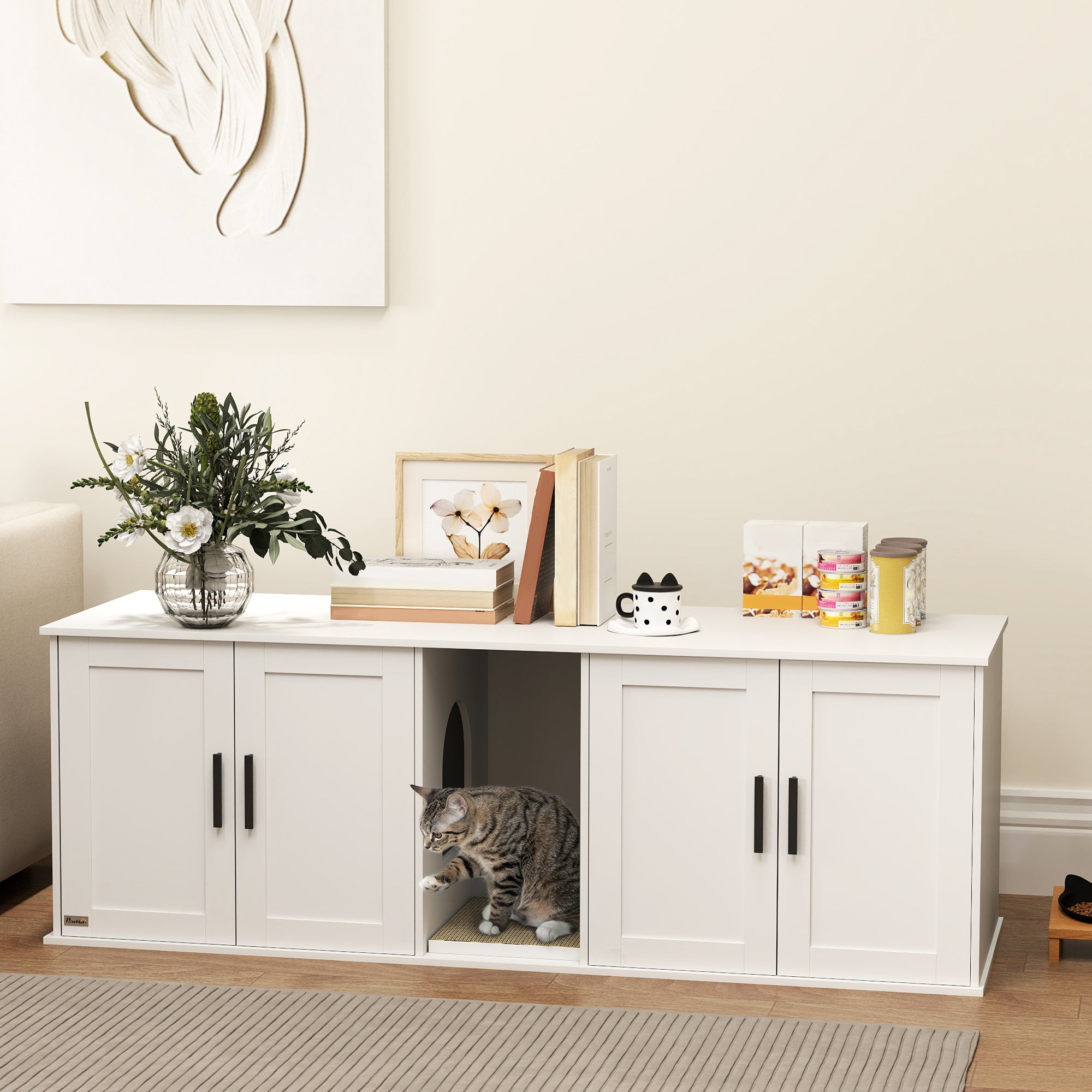 Double Room Cat Litter Box Enclosure TV Stand - White 57"-Cats-DECOROLALA