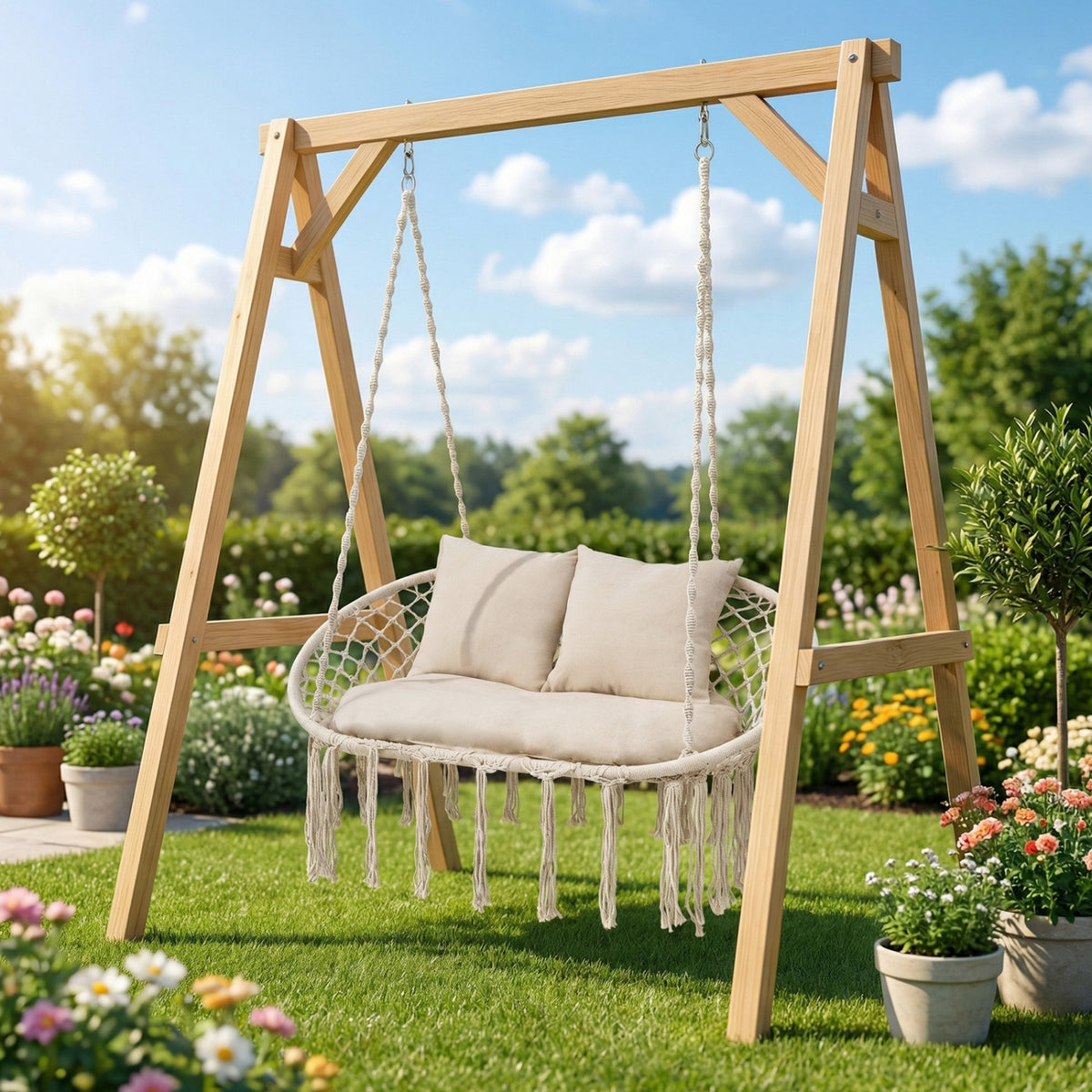 Double Swing Chair with Cushions Macrame Hanging Hammock Chair for Indoor and Outdoor Use-Beige-Hammocks-DECOROLALA