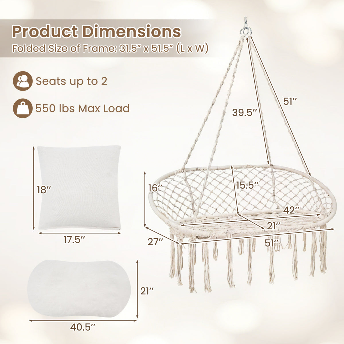 Double Swing Chair with Cushions Macrame Hanging Hammock Chair for Indoor and Outdoor Use-Beige-Hammocks-DECOROLALA