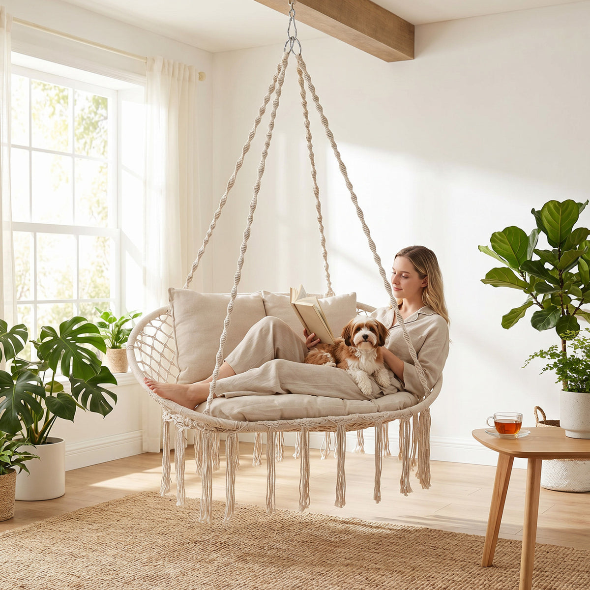 Double Swing Chair with Cushions Macrame Hanging Hammock Chair for Indoor and Outdoor Use-Beige-Hammocks-DECOROLALA