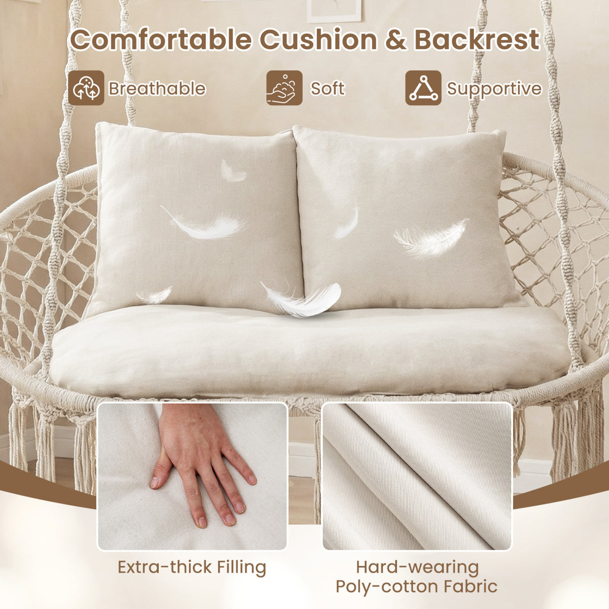 Double Swing Chair with Cushions Macrame Hanging Hammock Chair for Indoor and Outdoor Use-Beige-Hammocks-DECOROLALA