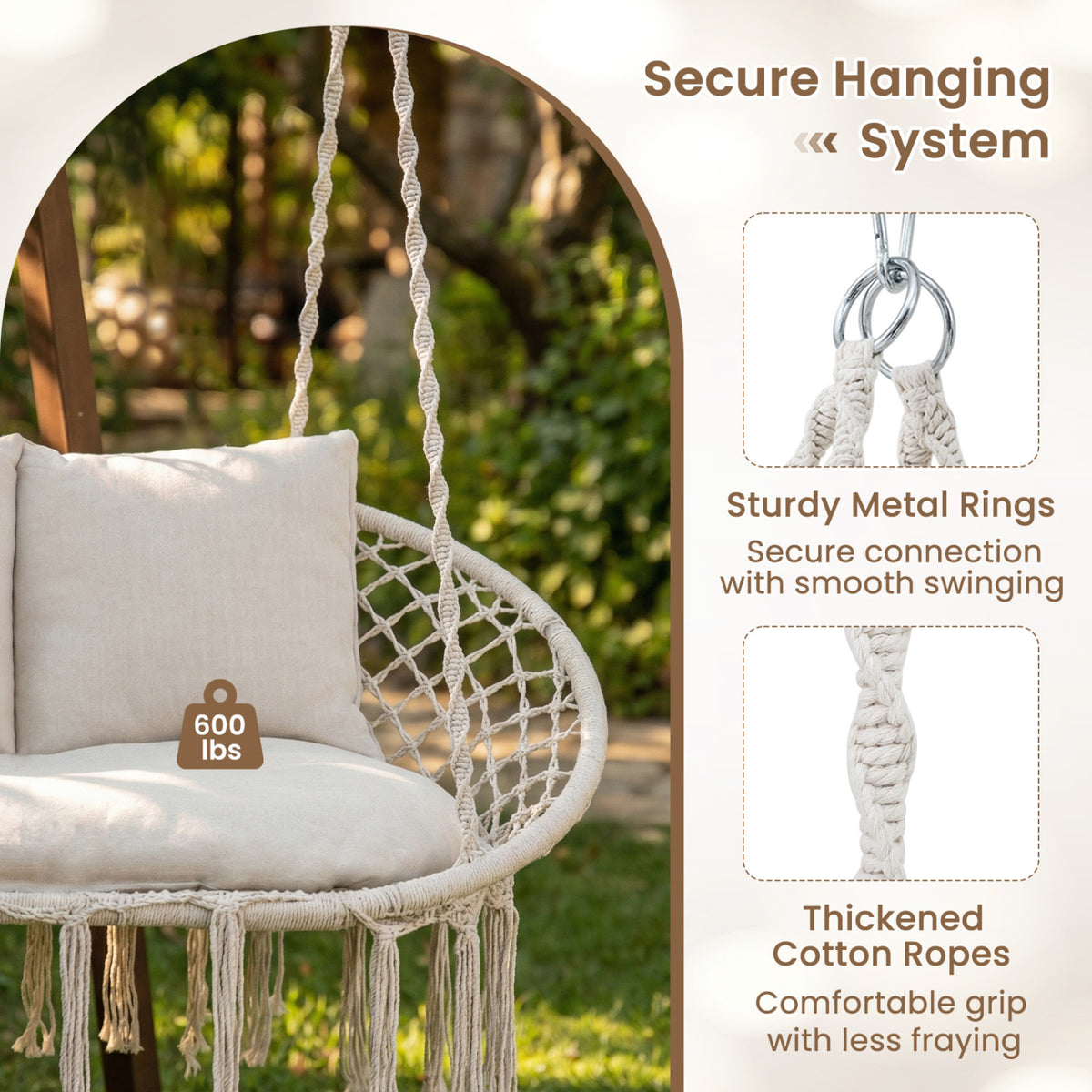 Double Swing Chair with Cushions Macrame Hanging Hammock Chair for Indoor and Outdoor Use-Beige-Hammocks-DECOROLALA