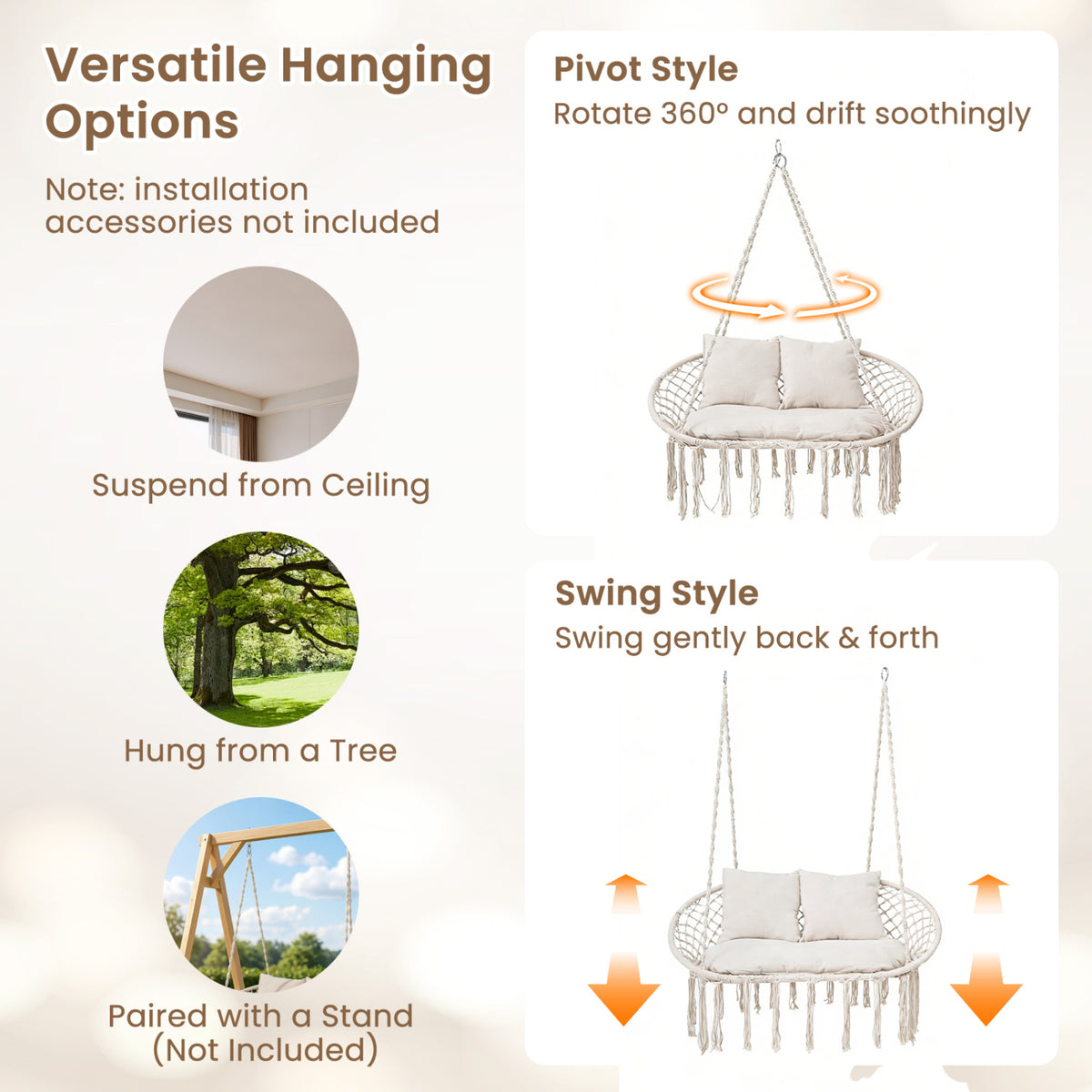 Double Swing Chair with Cushions Macrame Hanging Hammock Chair for Indoor and Outdoor Use-Beige-Hammocks-DECOROLALA