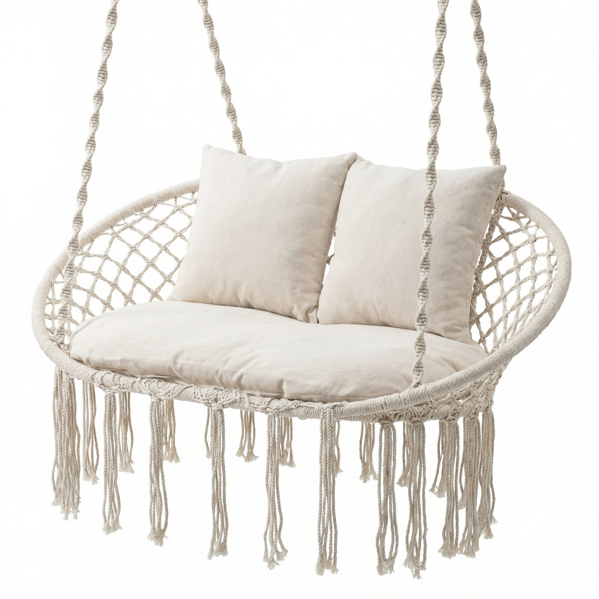 Double Swing Chair with Cushions Macrame Hanging Hammock Chair for Indoor and Outdoor Use-Beige-Hammocks-DECOROLALA
