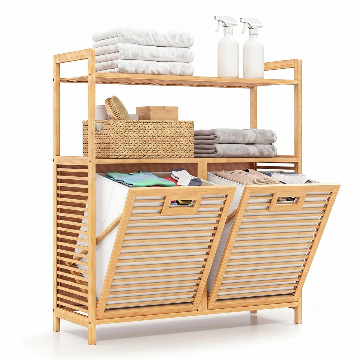 Double Tilt Out Laundry Hamper with 2 Shelves for Dirty Clothes-Natural-Laundry Baskets-DECOROLALA