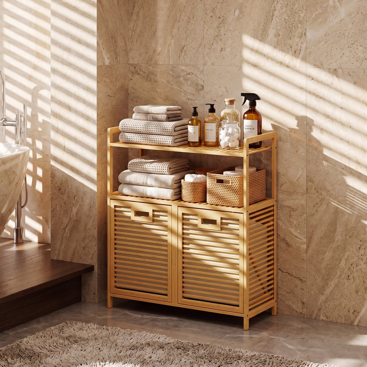 Double Tilt Out Laundry Hamper with 2 Shelves for Dirty Clothes-Natural-Laundry Baskets-DECOROLALA
