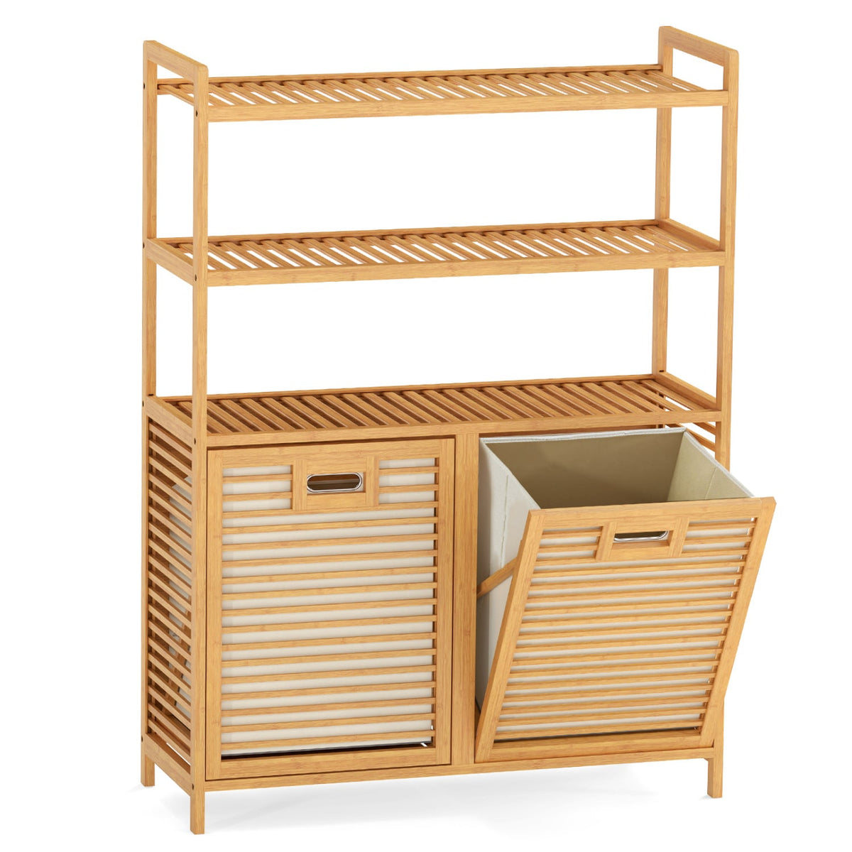 Double Tilt Out Laundry Hamper with 3 Shelves and 2 Removable Baskets for Dirty Clothes-Natural-Laundry Baskets-DECOROLALA