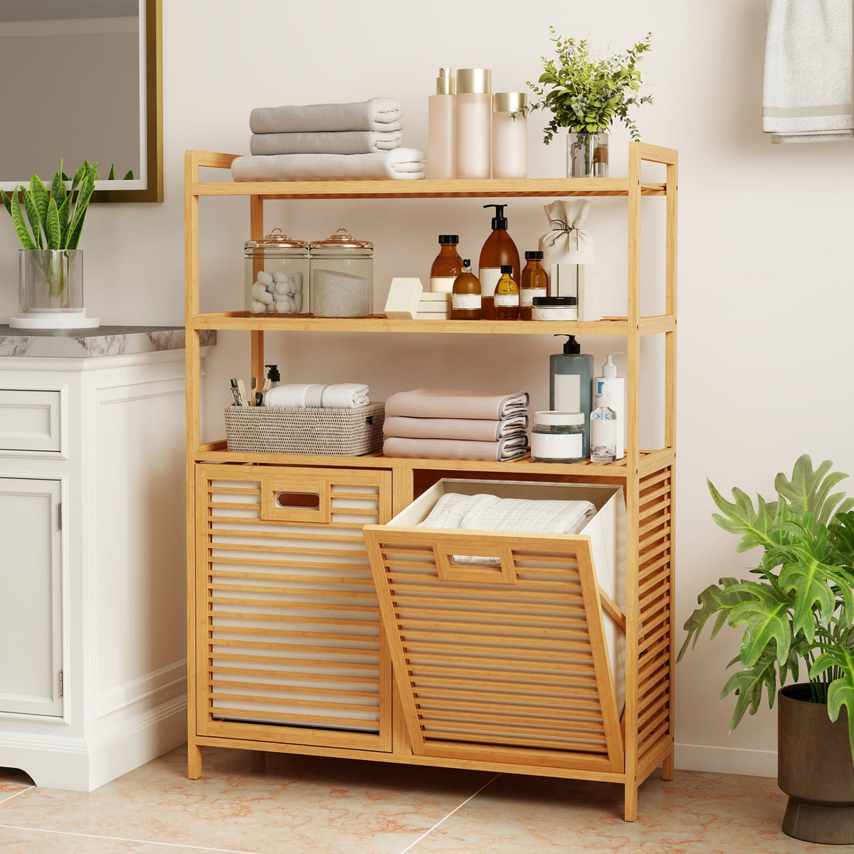 Double Tilt Out Laundry Hamper with 3 Shelves and 2 Removable Baskets for Dirty Clothes-Natural-Laundry Baskets-DECOROLALA