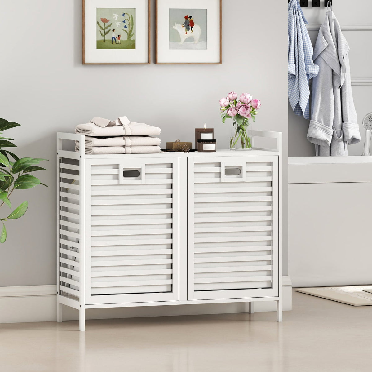 Double Tilt-out Laundry Hamper with 2 Removable Bins-White-Laundry Baskets-DECOROLALA