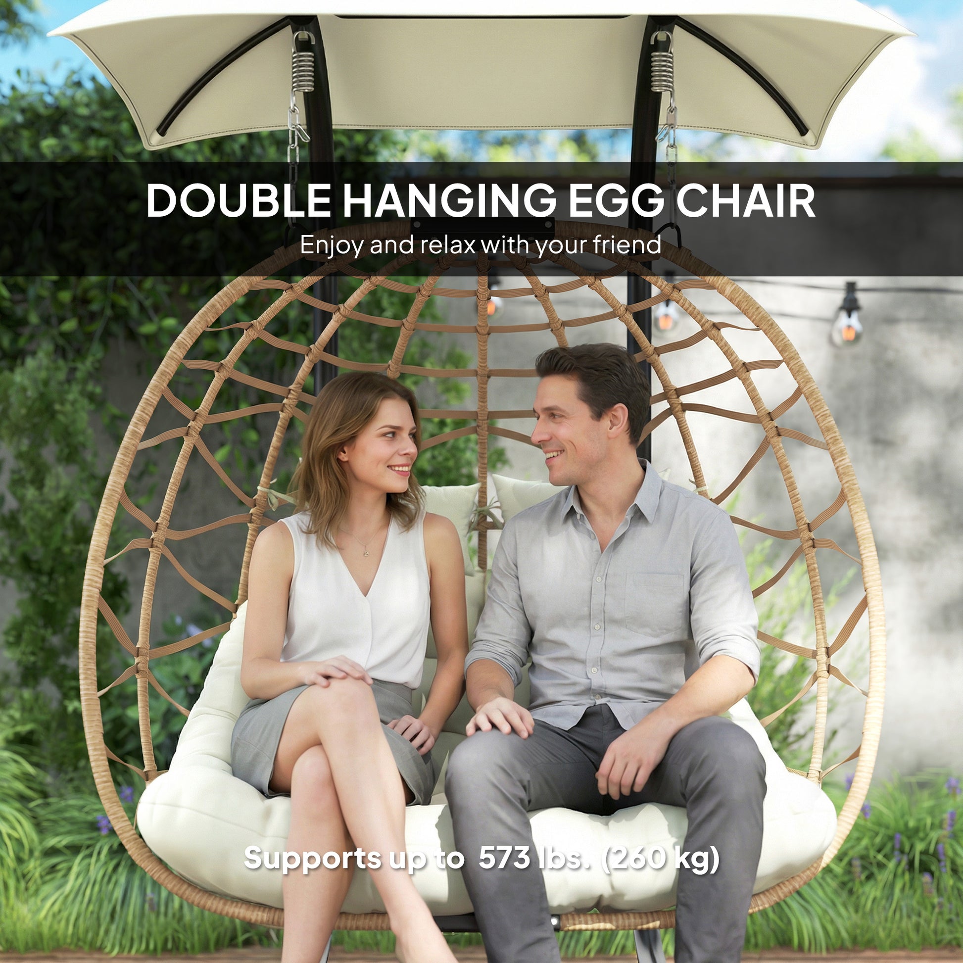 Double Wicker Egg Chair with Canopy - Beige 2-Person-DECOROLALA
