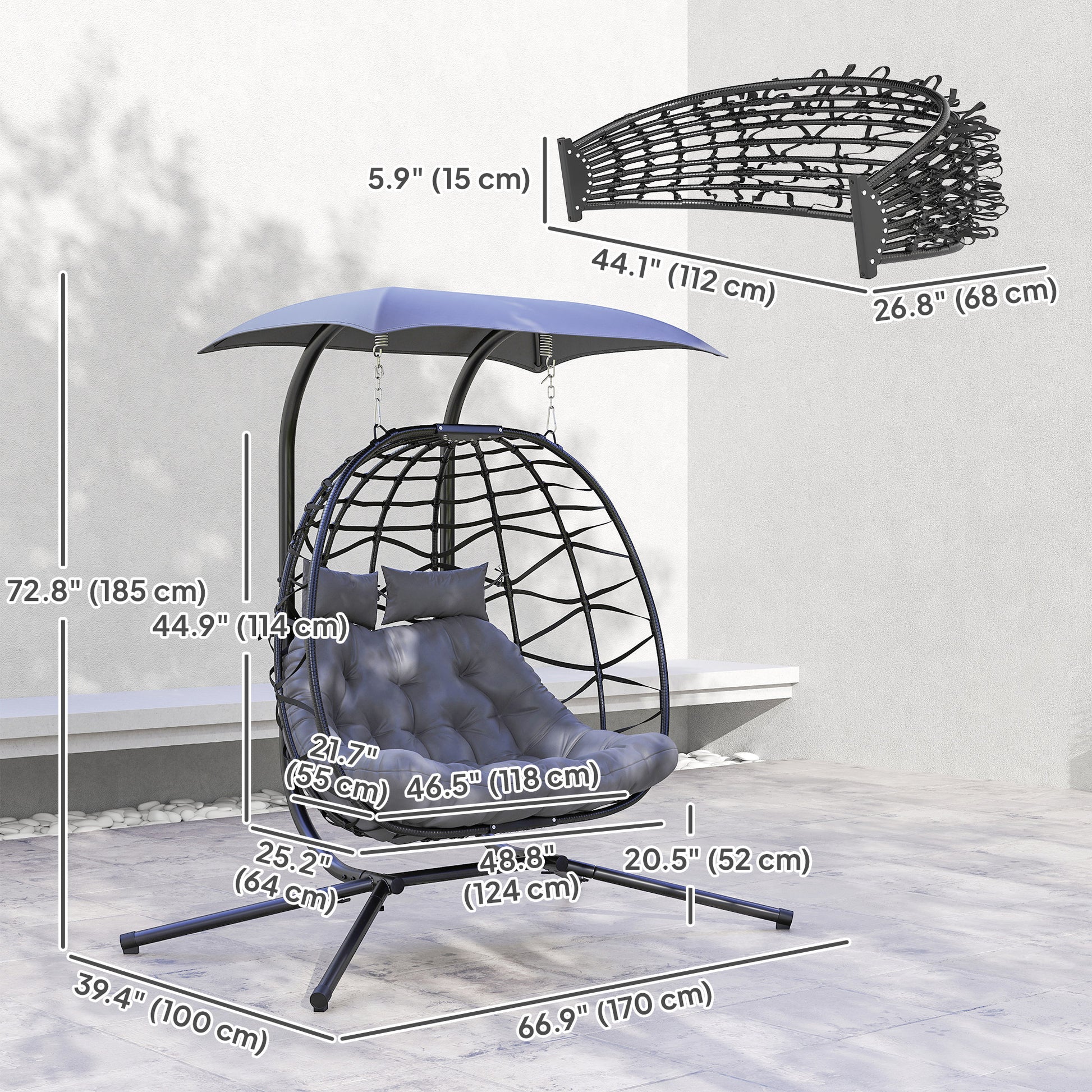 Double Wicker Egg Swing Chair with Canopy - Black-DECOROLALA