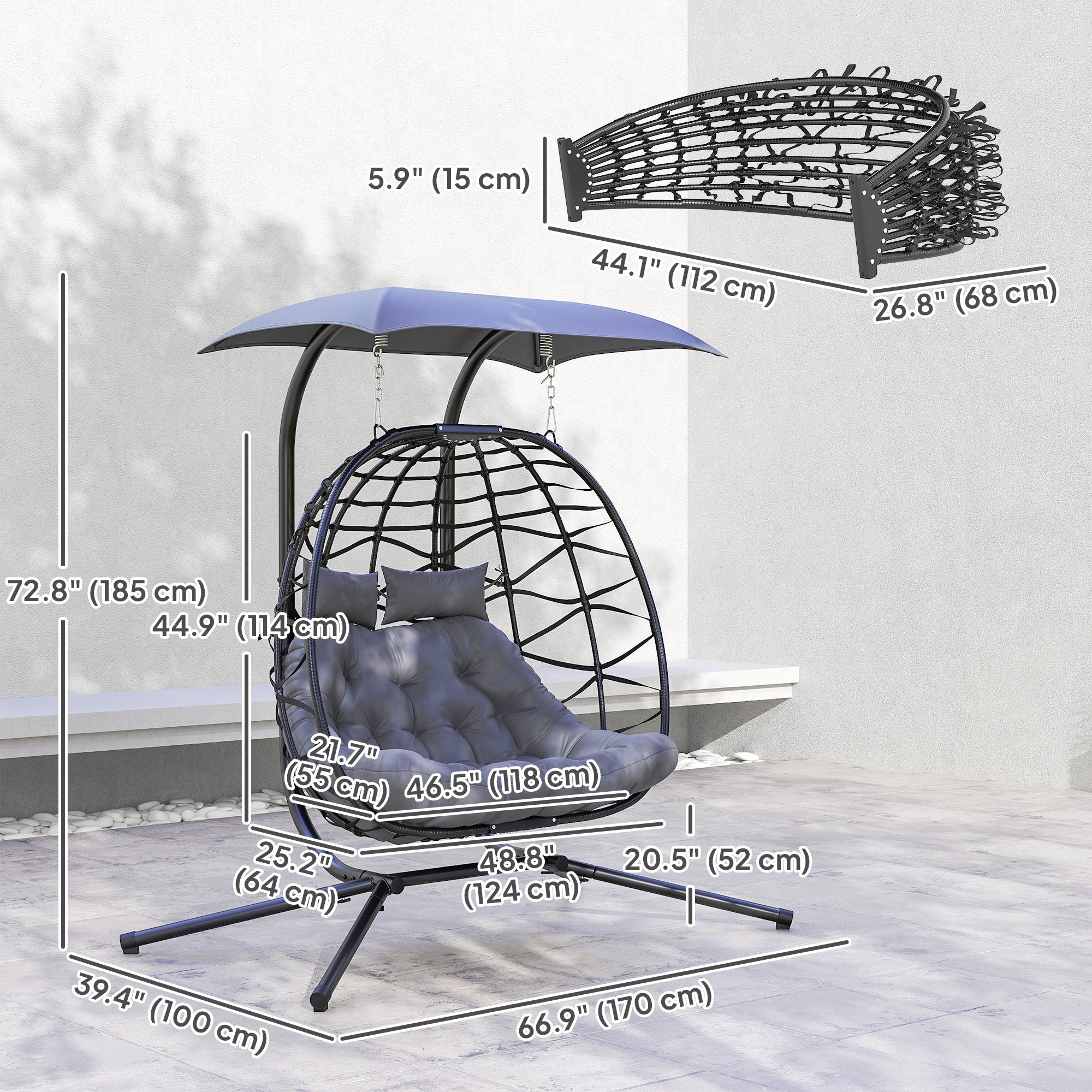 Double Wicker Egg Swing Chair with Canopy - Black-DECOROLALA
