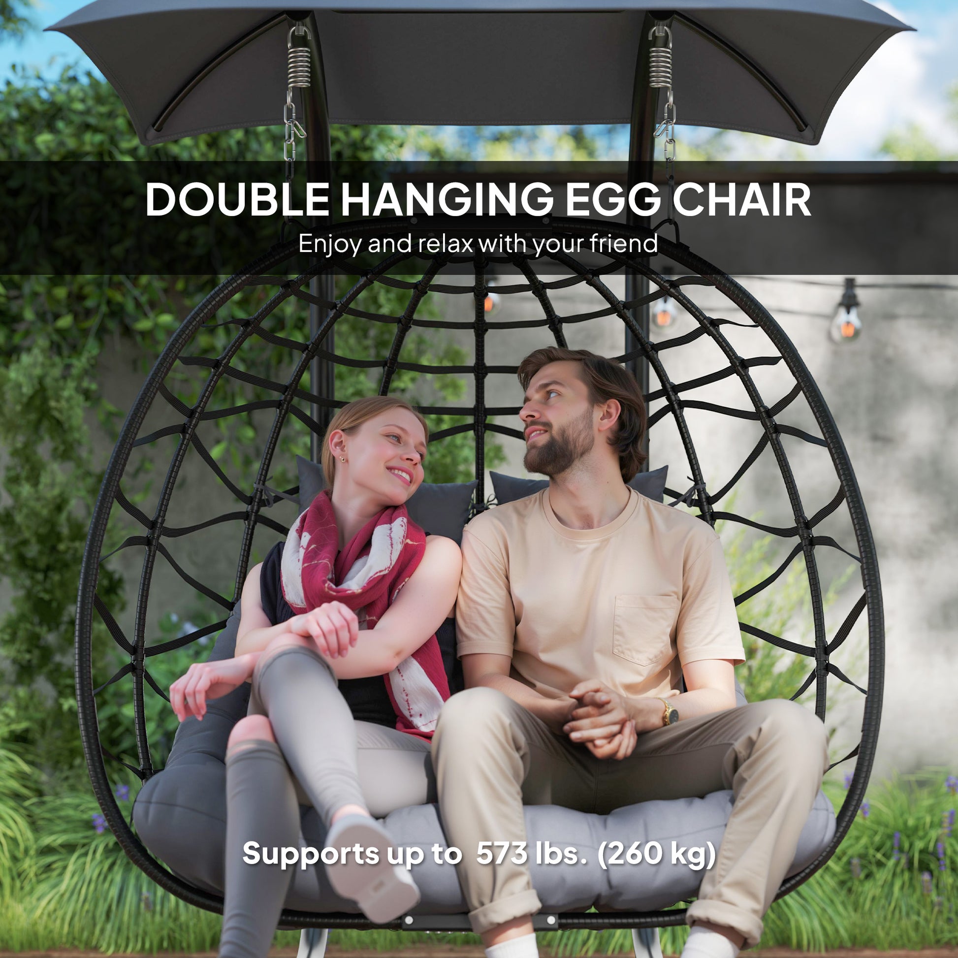 Double Wicker Egg Swing Chair with Canopy - Black-DECOROLALA