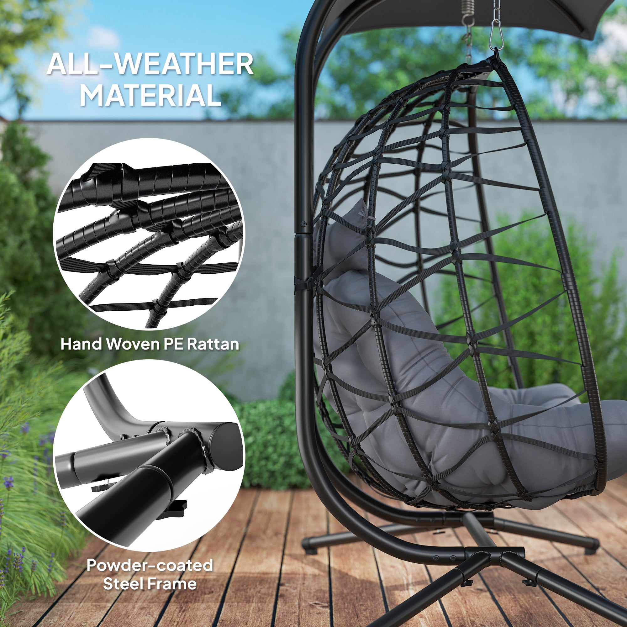Double Wicker Egg Swing Chair with Canopy - Black-DECOROLALA