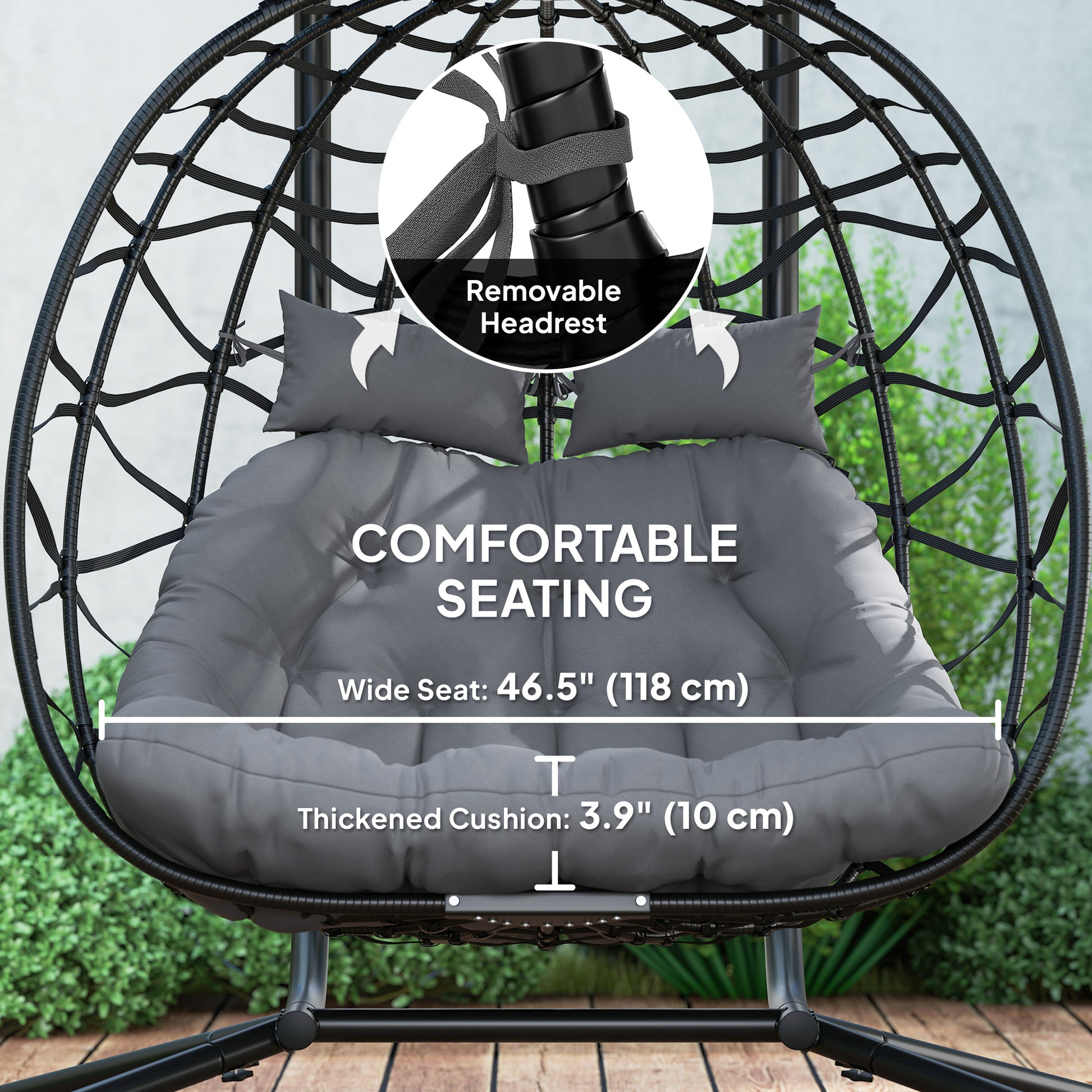 Double Wicker Egg Swing Chair with Canopy - Black-DECOROLALA
