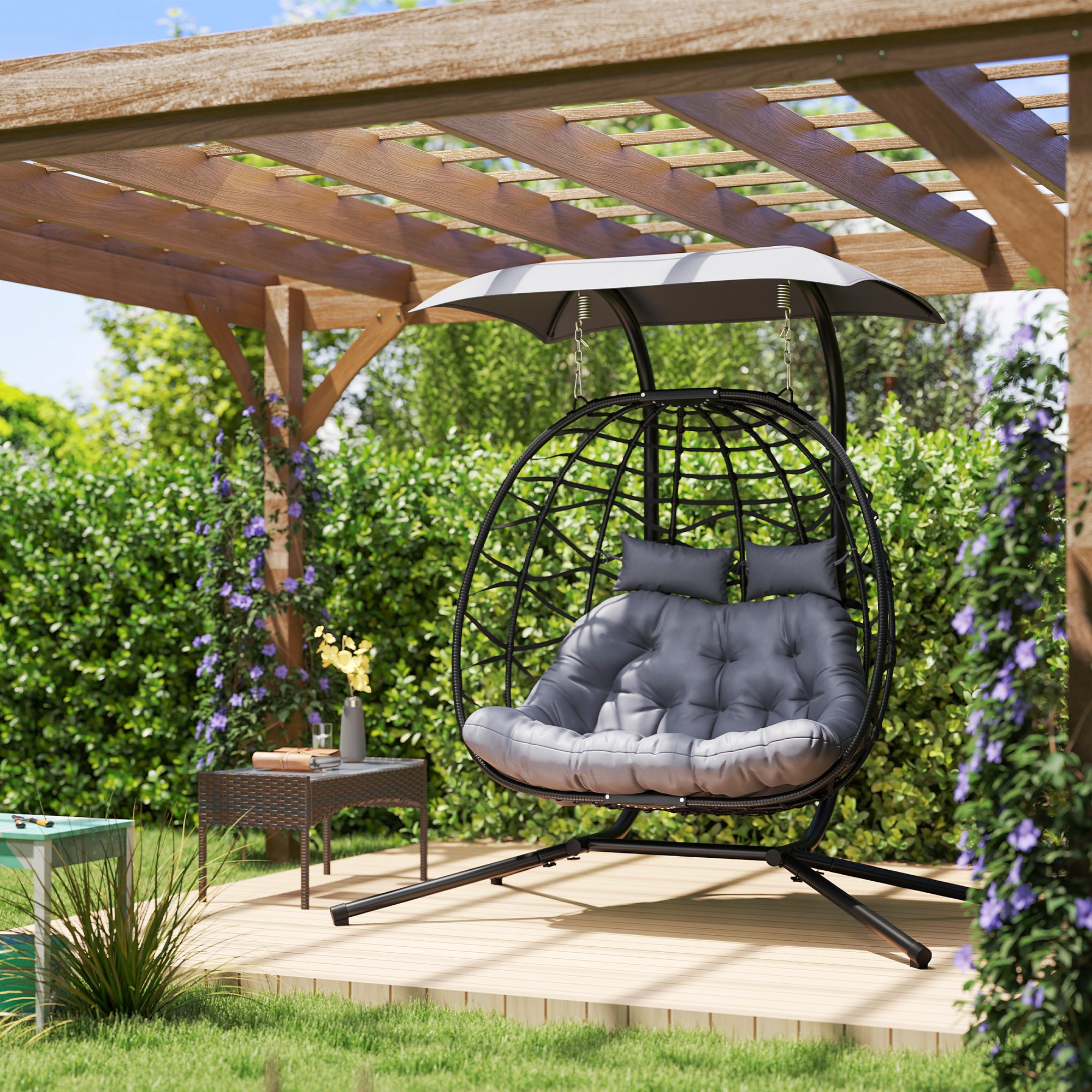 Double Wicker Egg Swing Chair with Canopy - Black-DECOROLALA
