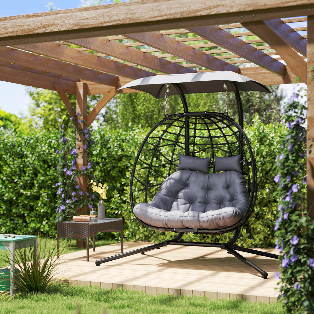 Double Wicker Egg Swing Chair with Canopy - Black-Hammock Swings-DECOROLALA